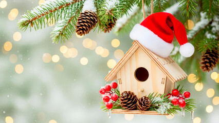 A cozy wooden birdhouse with a Santa hat, decorated with pine cones, fir branches, and red berries. A birdhouse as a Christmas and New Year's gift for birds.