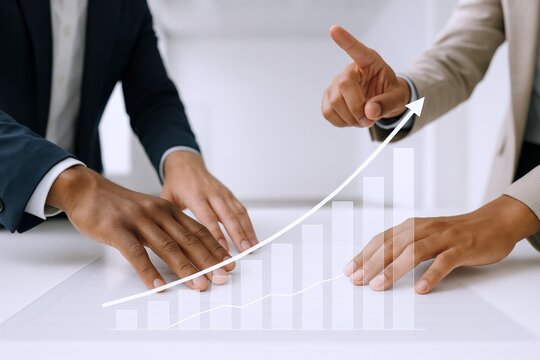Business Growth Strategy Meeting: Diverse Team Analyzing Performance Chart for Success and Positive Outcomes