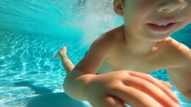 男の子がプールで楽しそうに泳ぐ瞬間