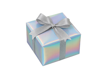 Obraz premium Shiny holographic gift box tied with silver ribbon