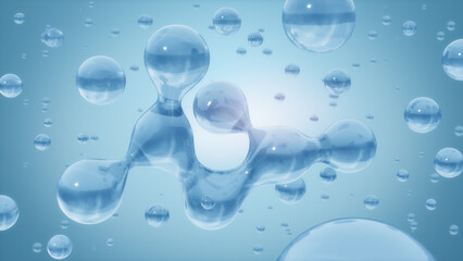 Abstract Hydrogen Liquid bubbles, Futuristic science Technology Background concept, 3D rendering