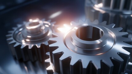 A 3D-rendered visualization of gears powering a futuristic engine, glowing edges and dark metals blending into a sci-fi setting — conceptual engineering, futuristic machinery, and digital