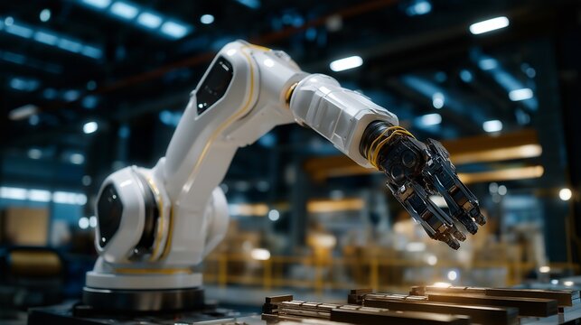 A robotic arm lifting heavy components on a factory floor while embedded sensors track mechanical stress along each joint, ensuring long-term durability — automation engineering, stress monitoring