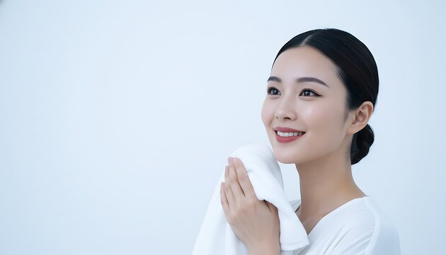 A woman gently dabs her face with a soft white towel, showcasing clear, radiant skin after a skincare routine