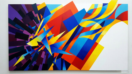 Vibrant abstract geometric artwork with sharp colorful shapes exploding and flowing on a clean white background, symbolizing dynamic evolution and creative energy.