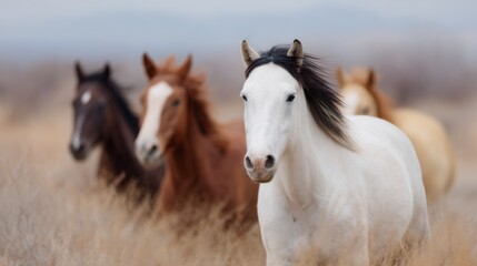 Obraz premium Four horses are running through a field of tall grass