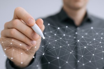 Man drawing digital network connection for technology innovation, data science, and virtual reality concepts