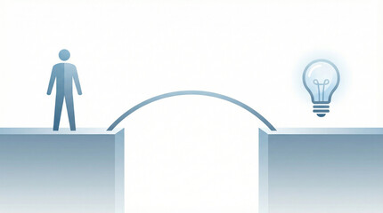 Blue stylized human figure crosses a strategic arched bridge connecting to a glowing lightbulb idea across a deep gap, symbolizing problem-solving and innovation.
