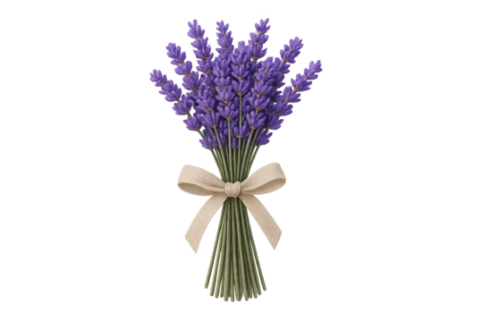 Bouquet of purple lavender tied with beige ribbon
