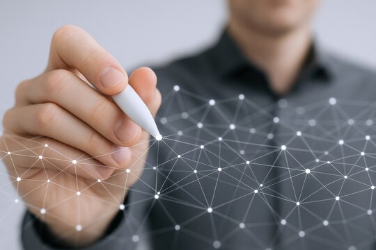 Man drawing digital network connection for technology innovation, data science, and virtual reality concepts