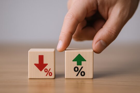 Interest Rate Choice: Hand Selecting Between Increasing and Decreasing Percentage on Wooden Blocks