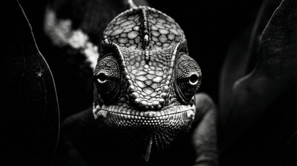 Intense black and white close-up portrait of a chameleon's textured face with prominent eyes, displaying intricate skin patterns against a dark, dramatic background.