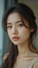 An asian woman with fair skin, 22 years old, brown hair, looking at the camera in a neutral environment