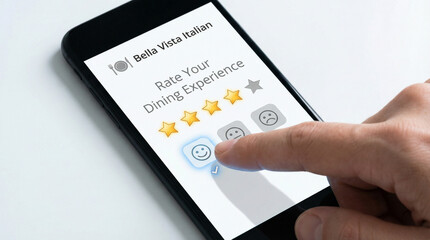 Customer hand rating a 'Bella Vista Italian' dining experience 3 stars and selecting a happy emoticon on a smartphone app feedback screen.