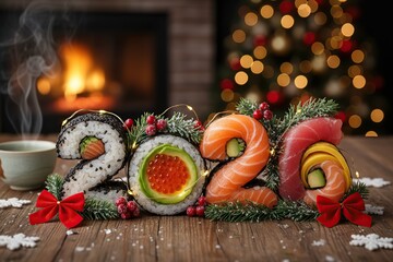 Sushi forming the inscription '2026' decorated with Christmas garlands, blending Japanese cuisine and festive holiday elements in a delightful contrast