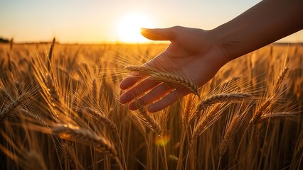 Hand touching golden wheat ears in a vast field during beautiful sunset scene
