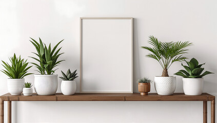 Minimalist interior with plants and a blank picture frame on a wooden shelf