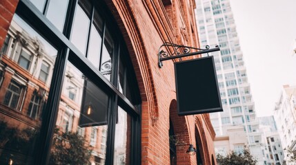 Blank Rectangular Sign Hanging on Building Corner with Space for Custom Branding and Business Advertising