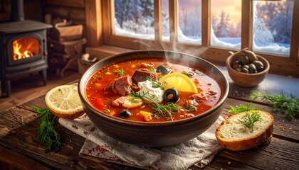 Hearty Soup Preparation in a Cozy Winter Cabin with Rustic Elements
