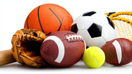 Sports Equipment Composition: Basketball, Football, Soccer Ball, Tennis Ball, Baseball Glove, and Racket on White