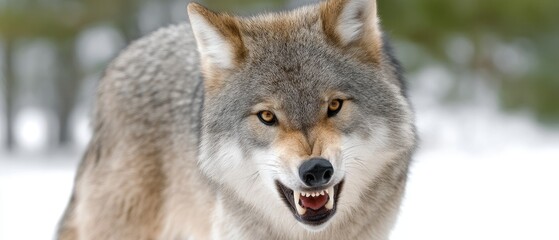 Obraz premium Wolf snarling in snow-covered forest during winter season showcasing its fierce demeanor