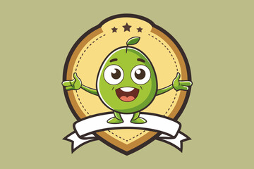 Happy cartoon avocado character with thumbs up and open arms on a decorative badge with ribbon