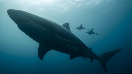Fototapeta premium Samandar Ka Siyah (Black) Saya: Aik Azeem Shark Ya Ray Ka Khaufnak (Fearsome) Silhouette, Deep Blue Water Mein Tanhai (Isolation) Aur Taaqat (Power) Ka Jazba Pesh Karta Hua