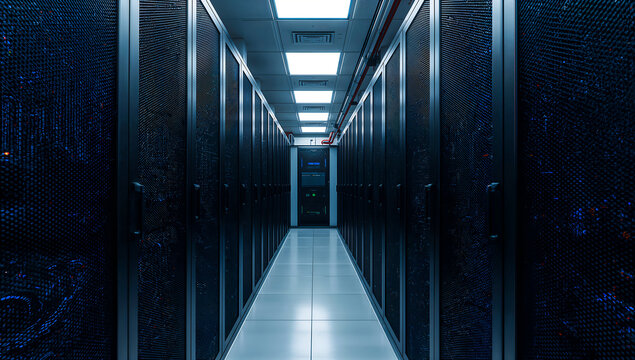 Data center server room with rows of server racks and equipment