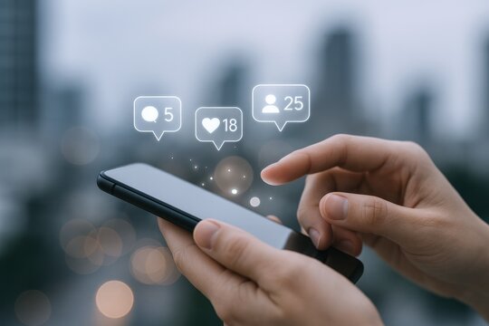 Hands Using Smartphone with Social Media Notifications, Online Engagement, and Digital Communication in Urban Setting