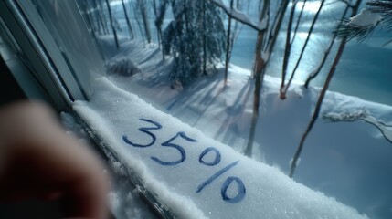 Winter scene with snow accumulation on window ledge indicating a 35 percent measurement of snowfall in a serene outdoor setting