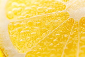 Detailed macro view of juicy orange segments and translucent seeds creating natural intricate patterns on white background for food packaging, health campaigns or educational materials.