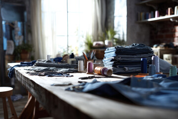 Upcycled denim fashion displayed in sunlit studio with stacked jeans, sewing supplies, and creative workspace atmosphere, inspiring sustainable style and artistic expression