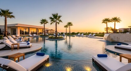 Obraz premium Tropical Infinity Pool at Modern Luxury Hotel During Golden Hour