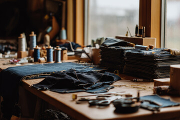 Upcycled denim fashion pieces are crafted on wooden table with sewing tools thread and fabric stacks in sunlit workspace showing creativity and sustainable style