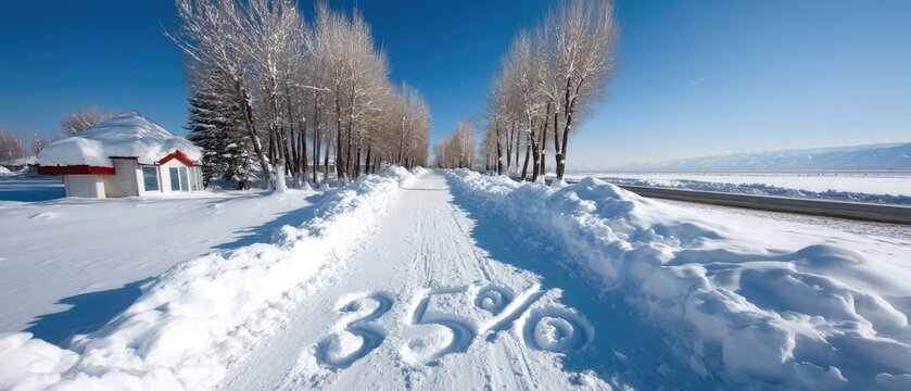 Snowy pathway showing winter scenery with trees and a house under a bright sky with writing in the snow indicating a percentage - Powered by Adobe