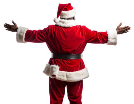Santa Claus Standing with Arms Wide Open, Full Back View, Isolated on Transparent Background