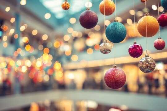 Blurred image of a bustling mall adorned with colorful holiday lights, showcasing shimmering ornaments, with an inviting warm filter enhancing the joyful mood