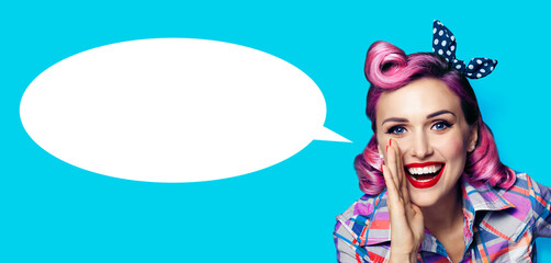 Portrait image - beautiful happy smile woman saying advertise yelling. Pin up pinup cute girl with...