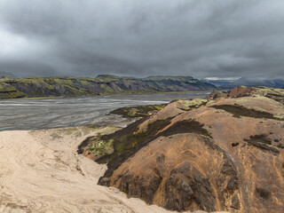 Aerial view of colorful hills around  Hvannagil,  Iceland