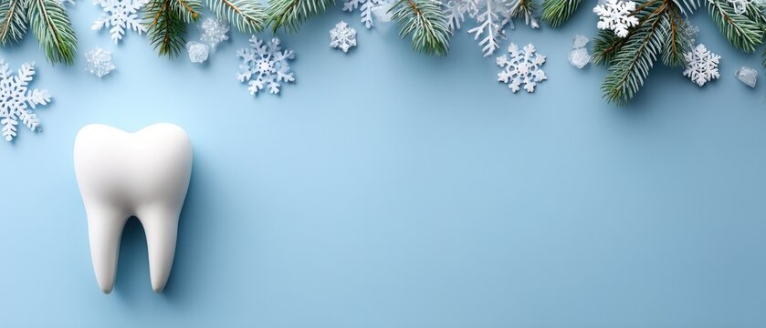 White tooth surrounded by winter decorations and snowflakes on a blue background - Powered by Adobe