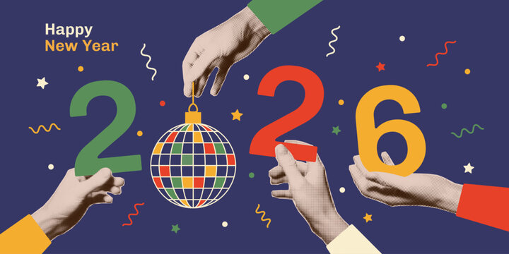 New year collage. Hands with trendy halftone effect holding numbers 2026 and disco ball. Vector design elements, greeting card, invitation, banner.