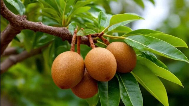 Fruits hanging from a branch with green leaves