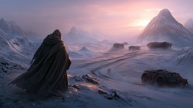 A lone figure in a hooded cloak walks through a snow-covered landscape, with mountains and vehicles in the distance, illuminated by a soft sunset glow. - Powered by Adobe