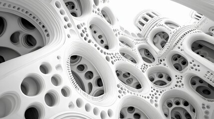 An abstract architectural structure with a complex design featuring numerous circular openings and a play of light and shadow.