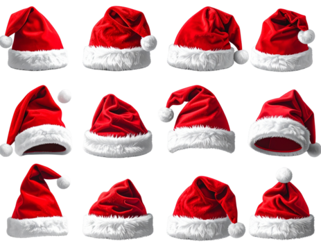 Collection of Various Santa Hats Arranged in a Grid Layout, Isolated on Transparent Background