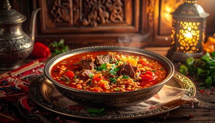 Traditional Beef Stew in Ornate Dish, Cozy Kitchen, Food Photography, Warm Ambiance, Close-Up View
