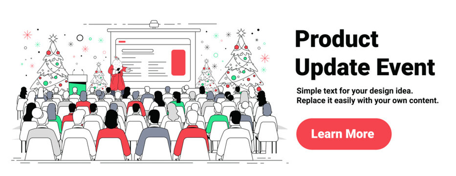 Santa Christmas product update event conference audience festive decorated hall Christmas trees stage presentation screen business meeting website banner