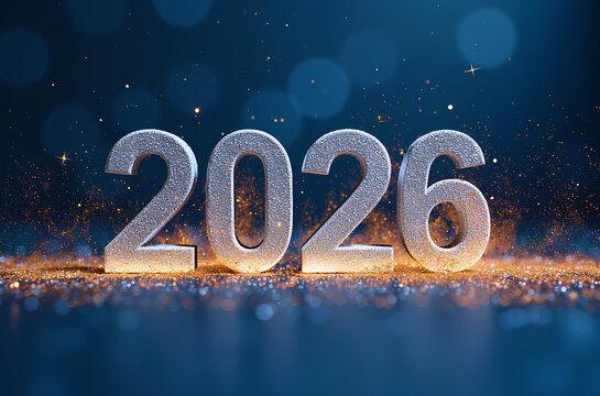 Happy new year 2026 with silver metallic numbers on dark background, festive sleek chrome typography with subtle bokeh, confetti accents and luxury celebration vibes for greeting cards