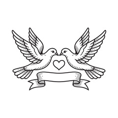 Two doves embracing with a heart and banner