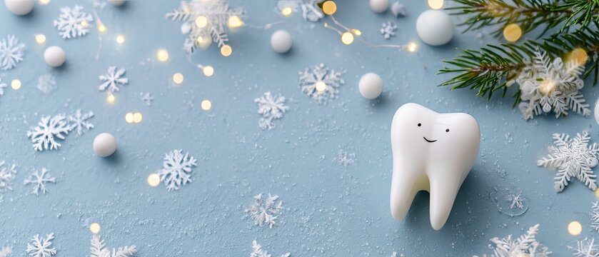 Festive tooth decoration on a snowy blue background with ornaments and twinkling lights creating a cheerful holiday atmosphere